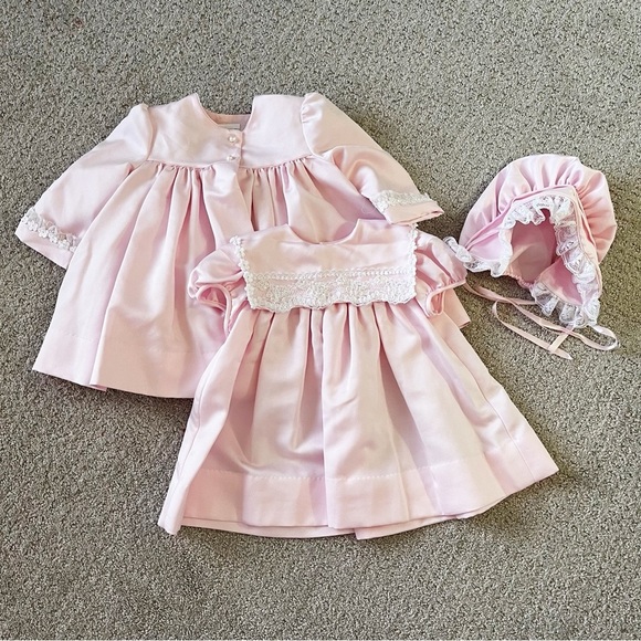 CI Castro Co Pink Dress Jacket Bonnet Set Girls Sz 2T Vintage Lace Pearls - Picture 1 of 15